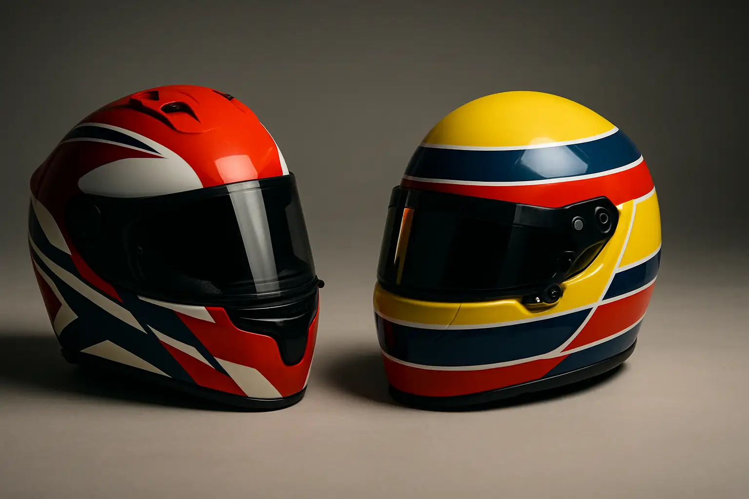 Two motorsport helmets side by side representing MotoGP and Formula 1 rivalry and respect