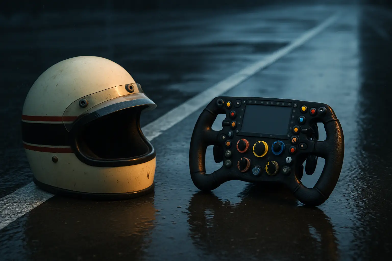A motorcycle racing helmet and an F1 steering wheel side by side on a dramatic racetrack background
