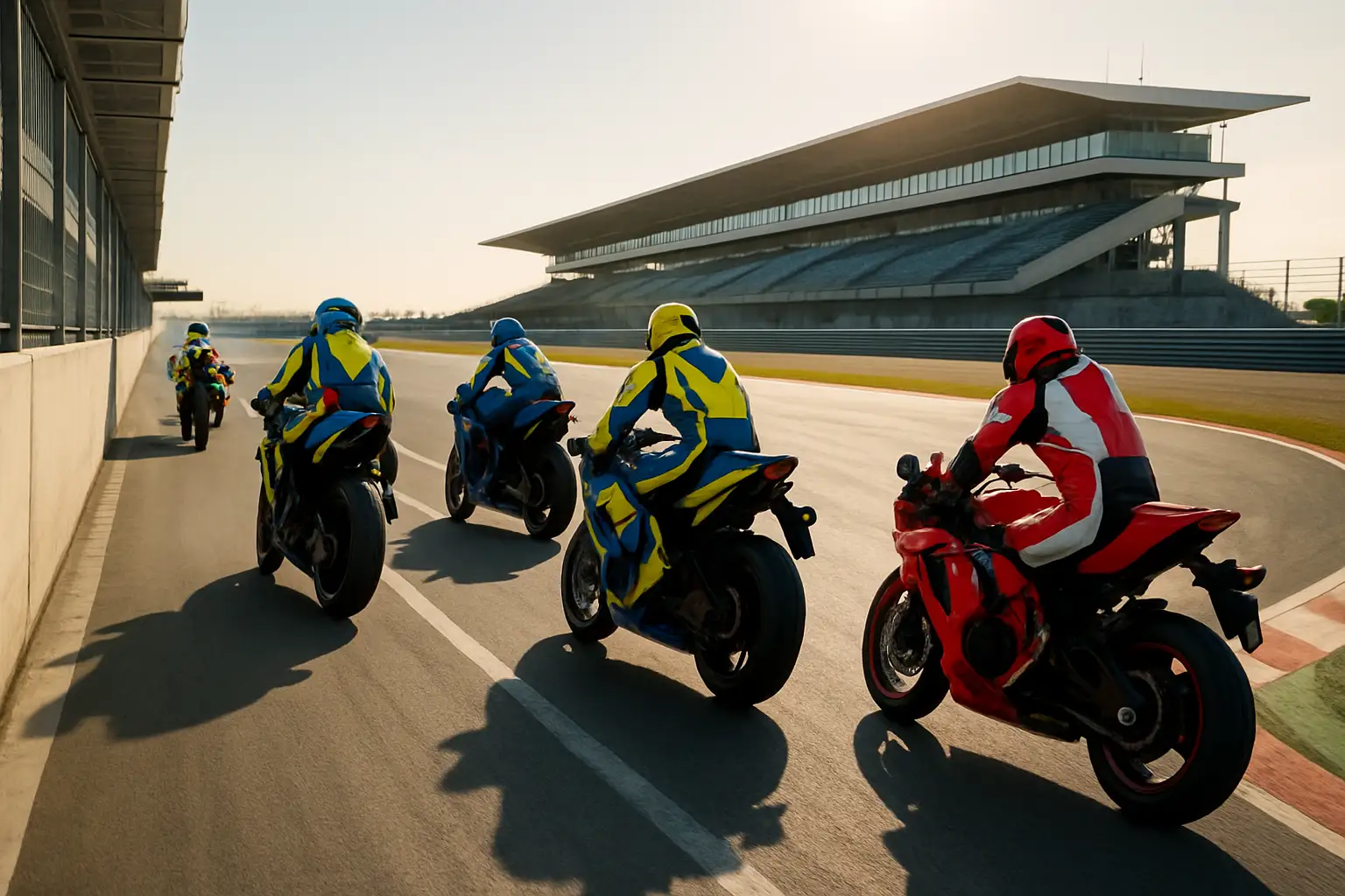 Motorcycle riders training on a circuit on a clear day, with pitlane equipment visible in the background