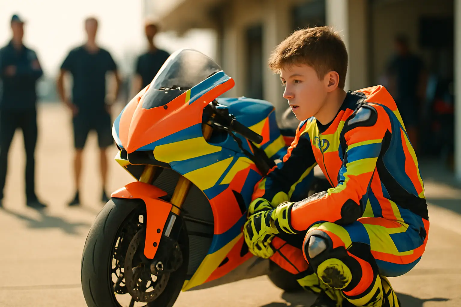 A young motorcycle racer in full racing leathers preparing to ride on a professional circuit, with a team of coaches watching in the background