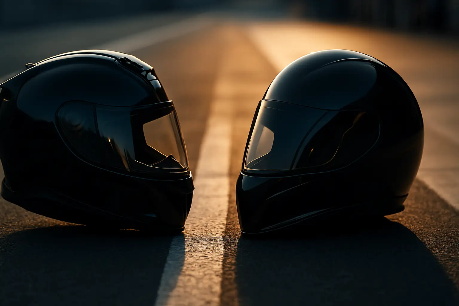 A motorcycle racer and a formula 1 car facing each other on a dramatic racetrack at dusk