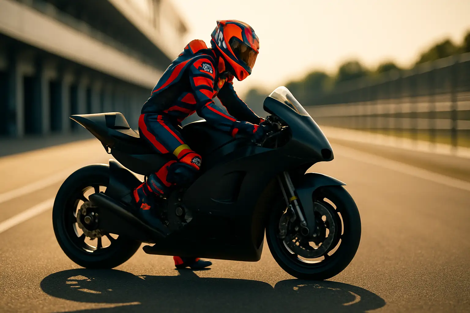 A MotoGP rider in full racing gear seated on a blue and white prototype racing motorcycle on a circuit