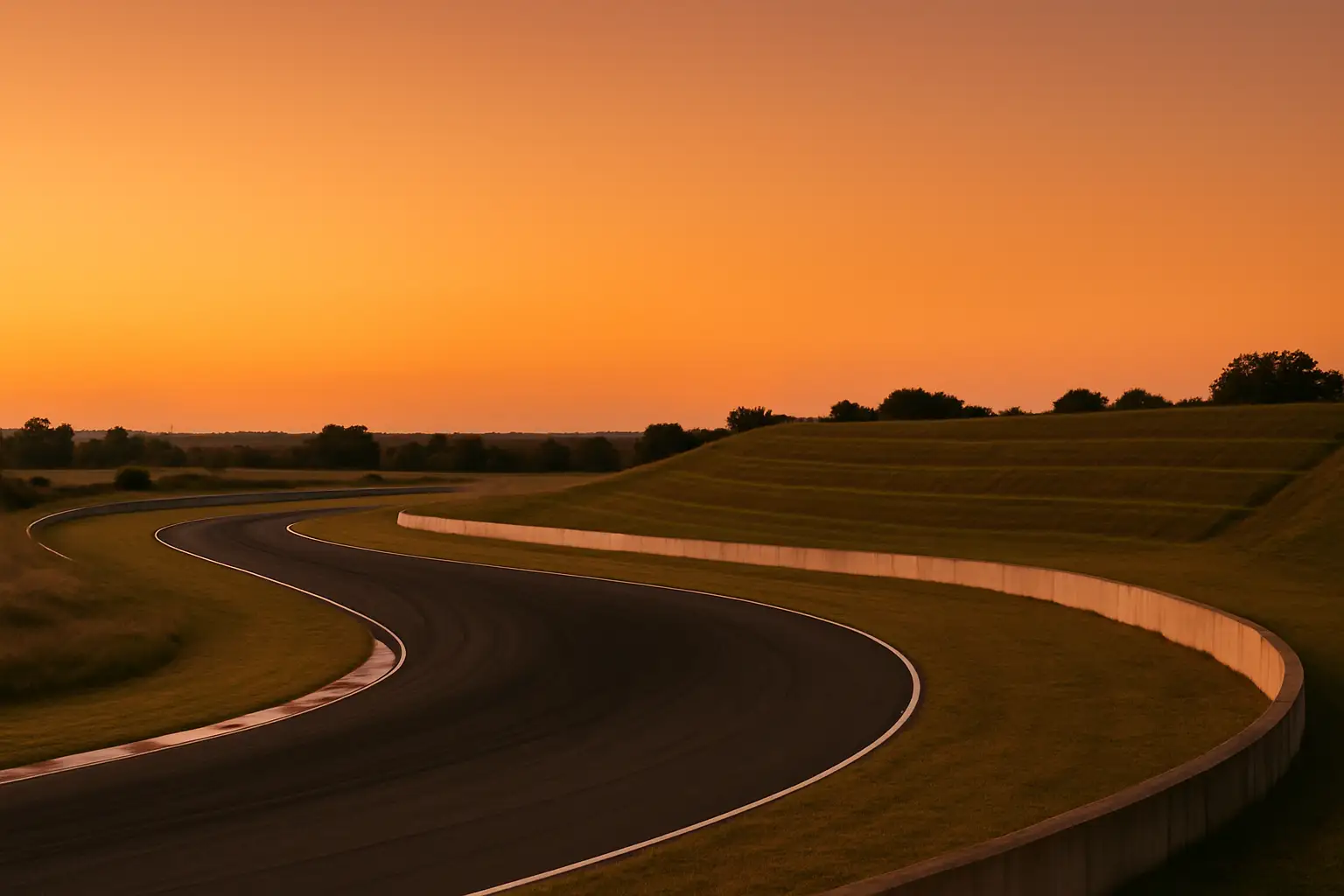 An empty regional motorsport circuit at dusk with no grandstand seating visible