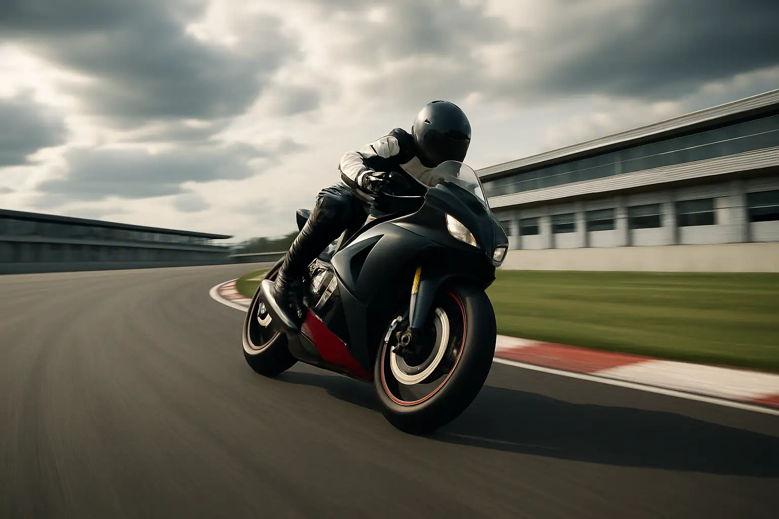 A MotoGP motorcycle on track during a race weekend with the pit lane visible in the background
