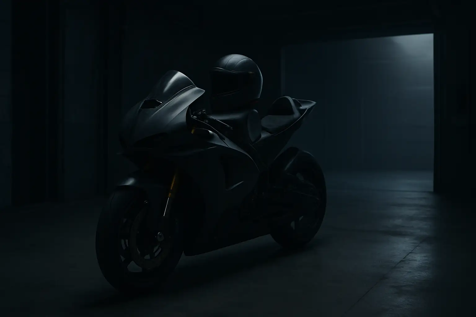 A MotoGP motorcycle on track in dramatic low-light racing conditions