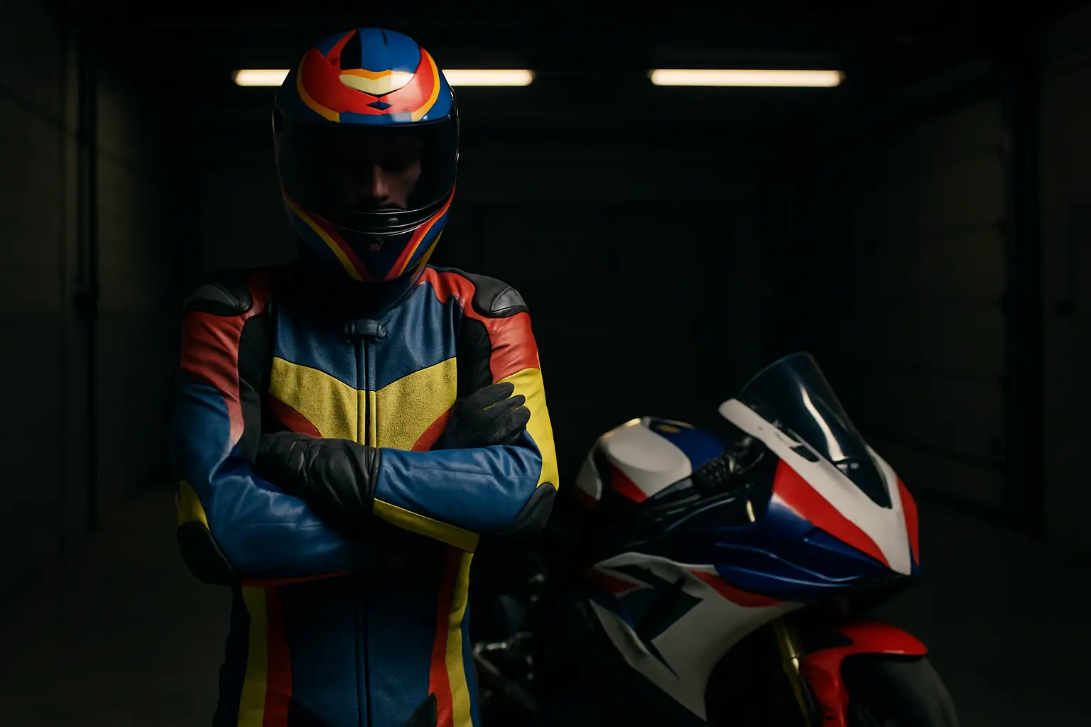 MotoGP rider in full racing leathers and helmet standing beside a motorcycle in a paddock garage