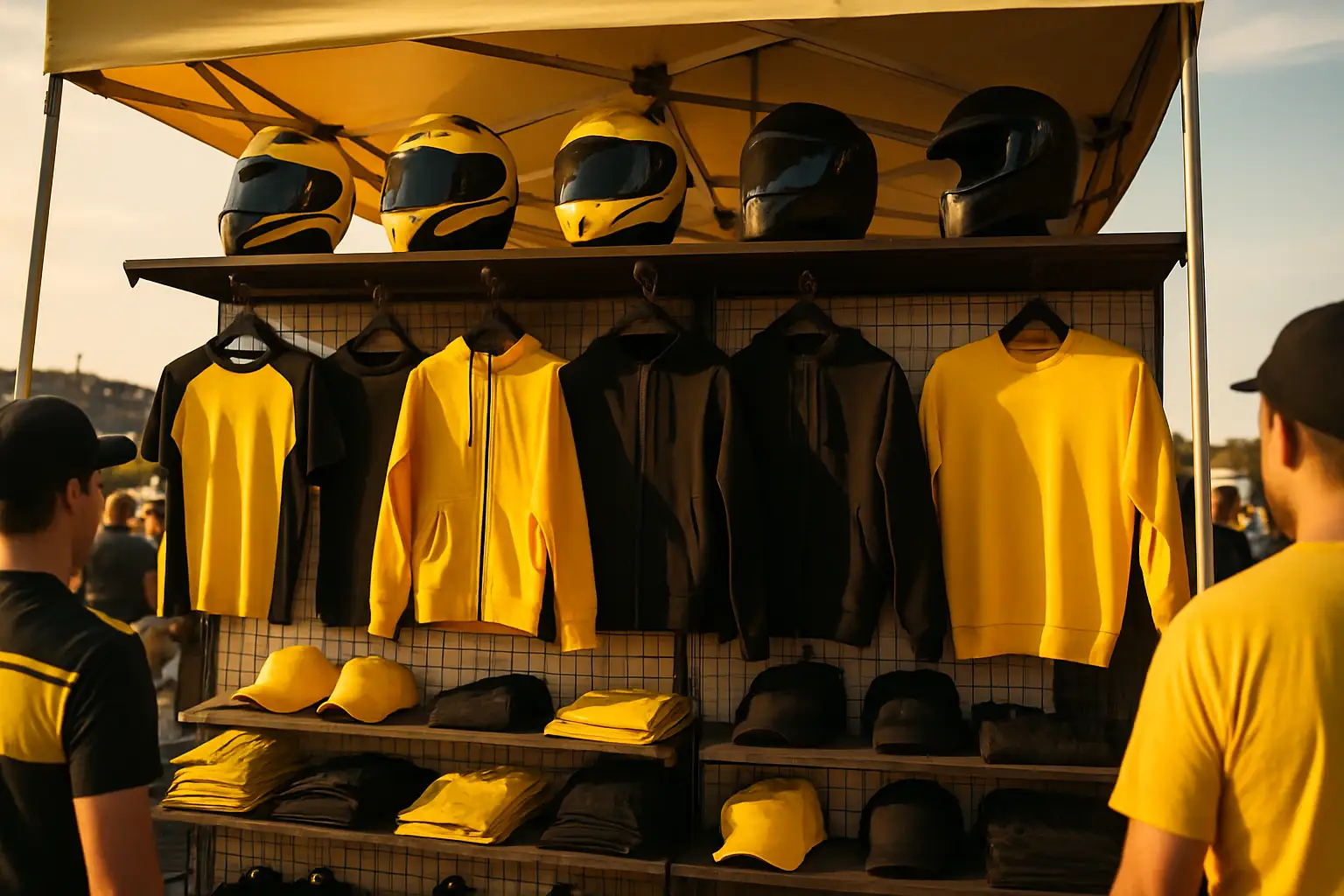 VR46 branded racing merchandise displayed at a motorsport event booth