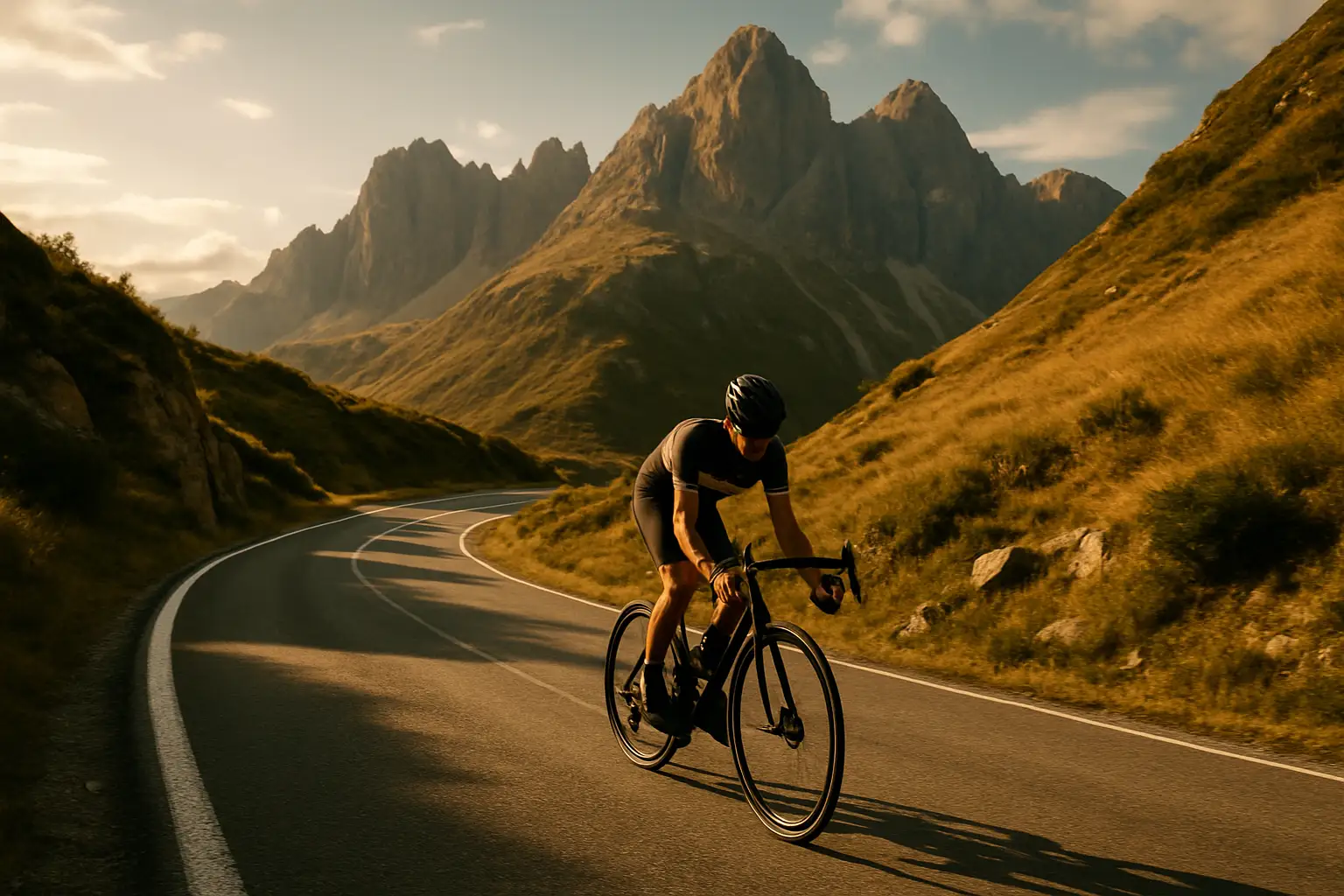 A cyclist riding at full speed through a sun-lit mountain road during a grand tour stage