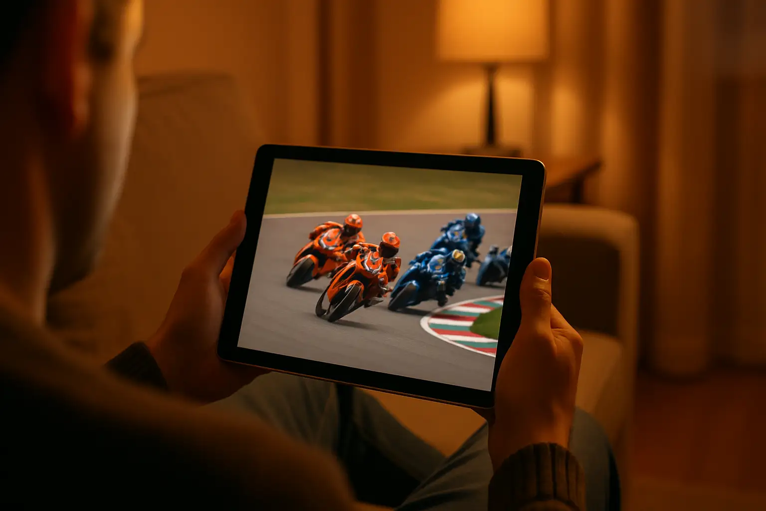 A fan watching MotoGP live on a tablet device with a blurred racetrack in the background