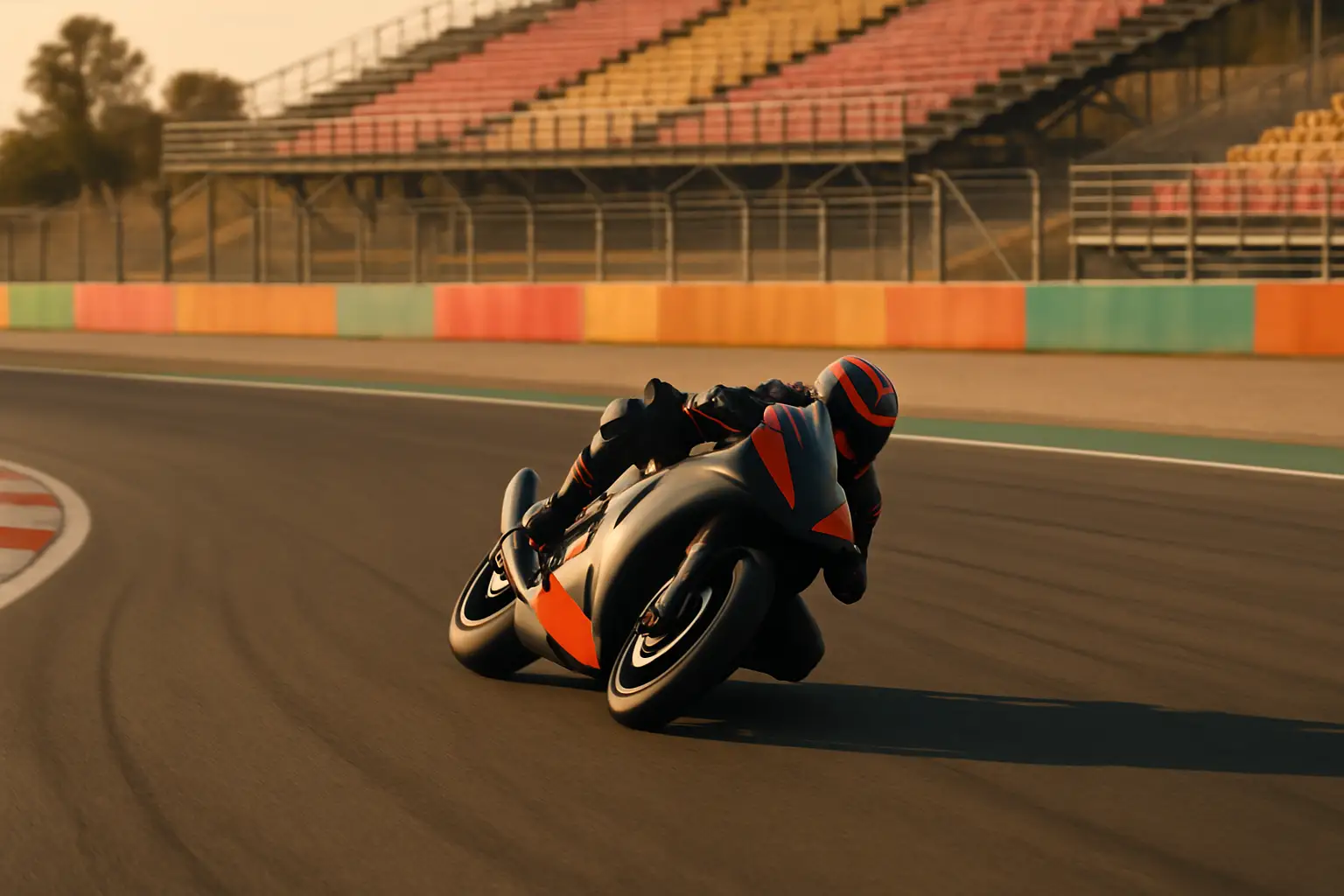 A superbike racer leaning hard through a corner on a closed circuit during a WorldSBK round