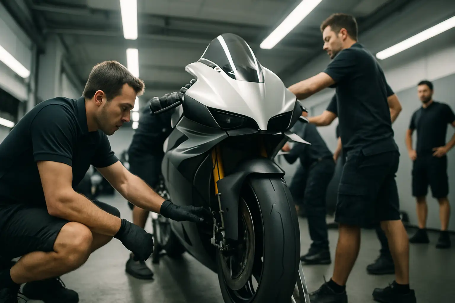 A MotoGP motorcycle on track with a pit crew working in the background