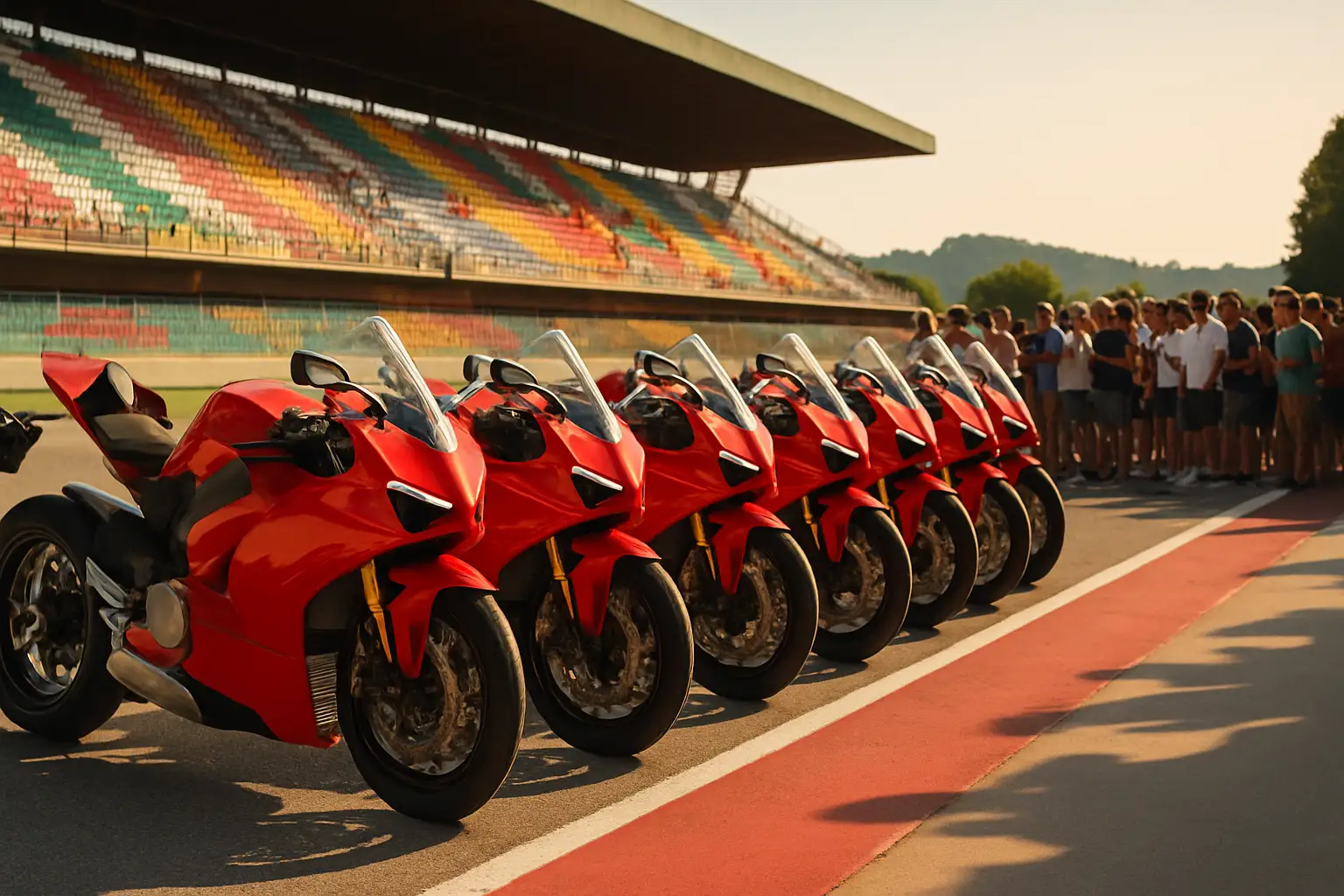 Ducati motorcycles lined up on a sunlit racetrack at a fan festival event