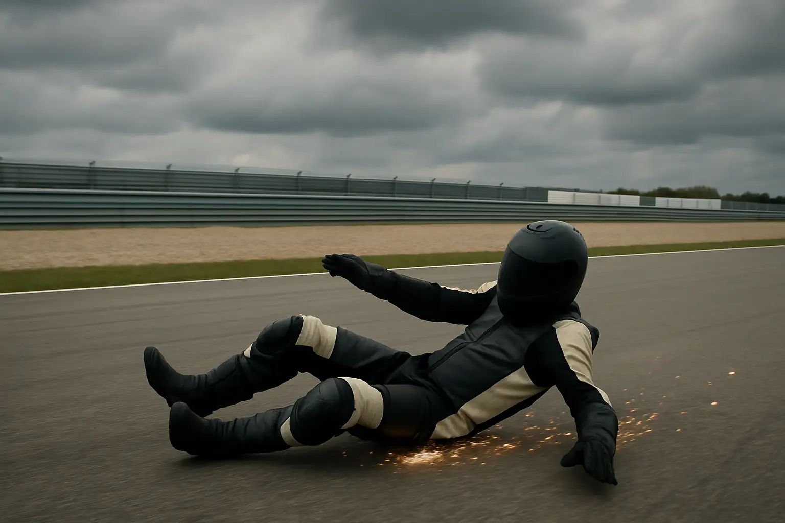 MotoGP rider sliding across the track after a high-speed crash during a race