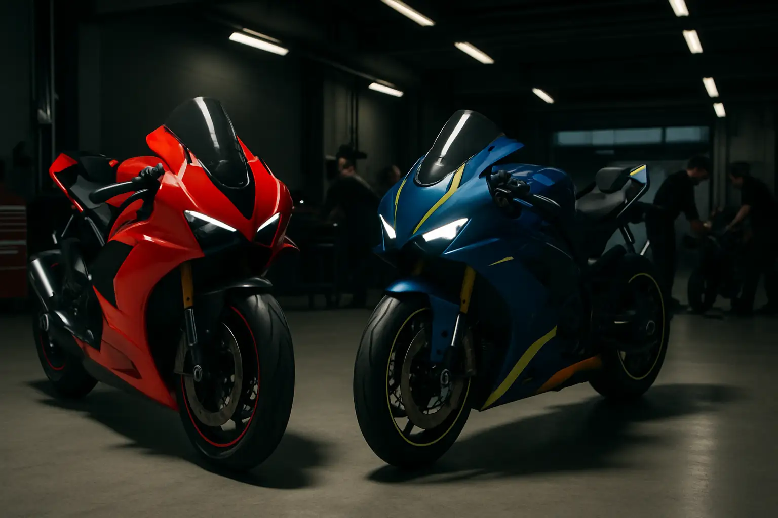 WSBK superbike motorcycles lined up in a factory pit garage under bright workshop lighting