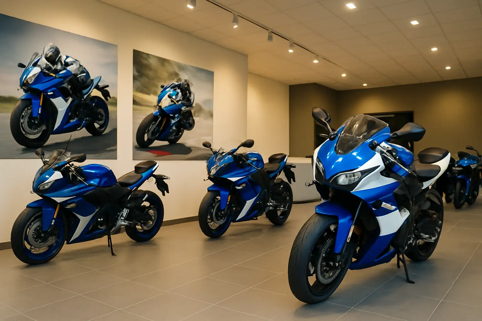 A Yamaha motorcycle dealership showroom with racing imagery in the background
