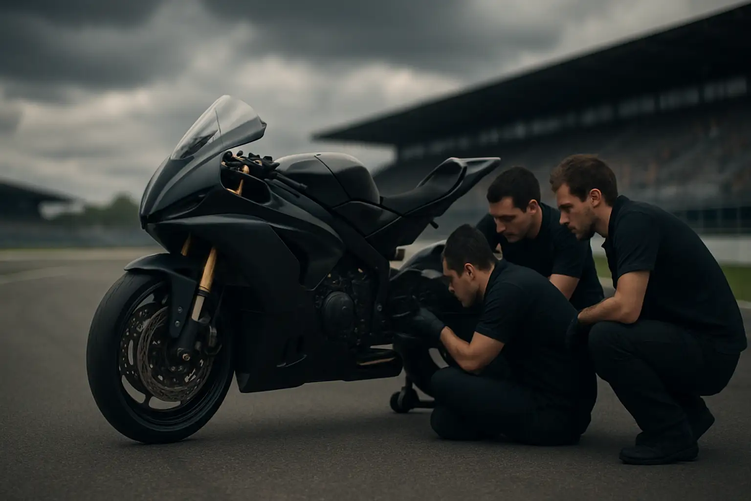 A MotoGP motorcycle on track surrounded by concerned pit crew members inspecting the bike