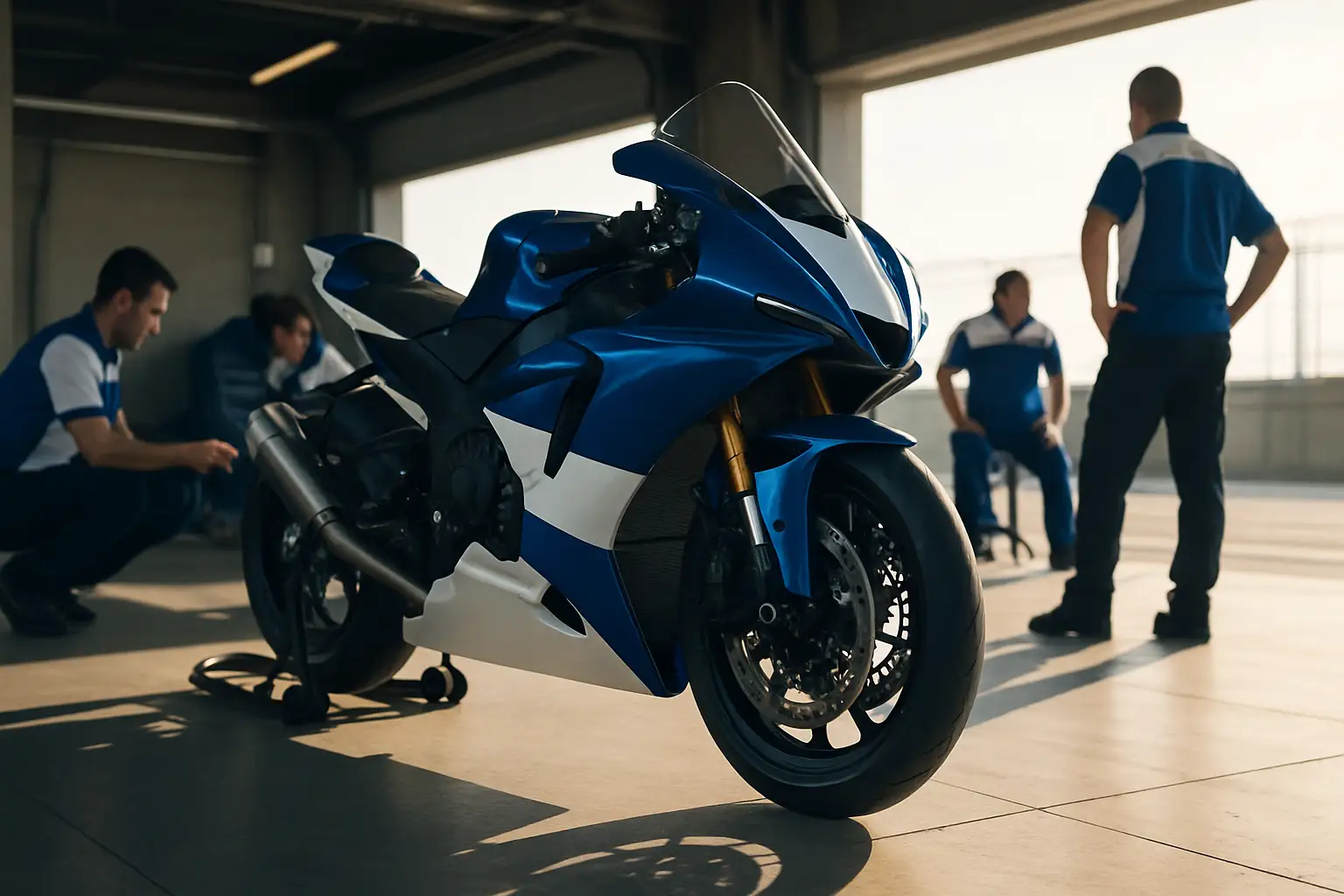 A Yamaha racing motorcycle on a grand prix circuit with pit lane crew in the background