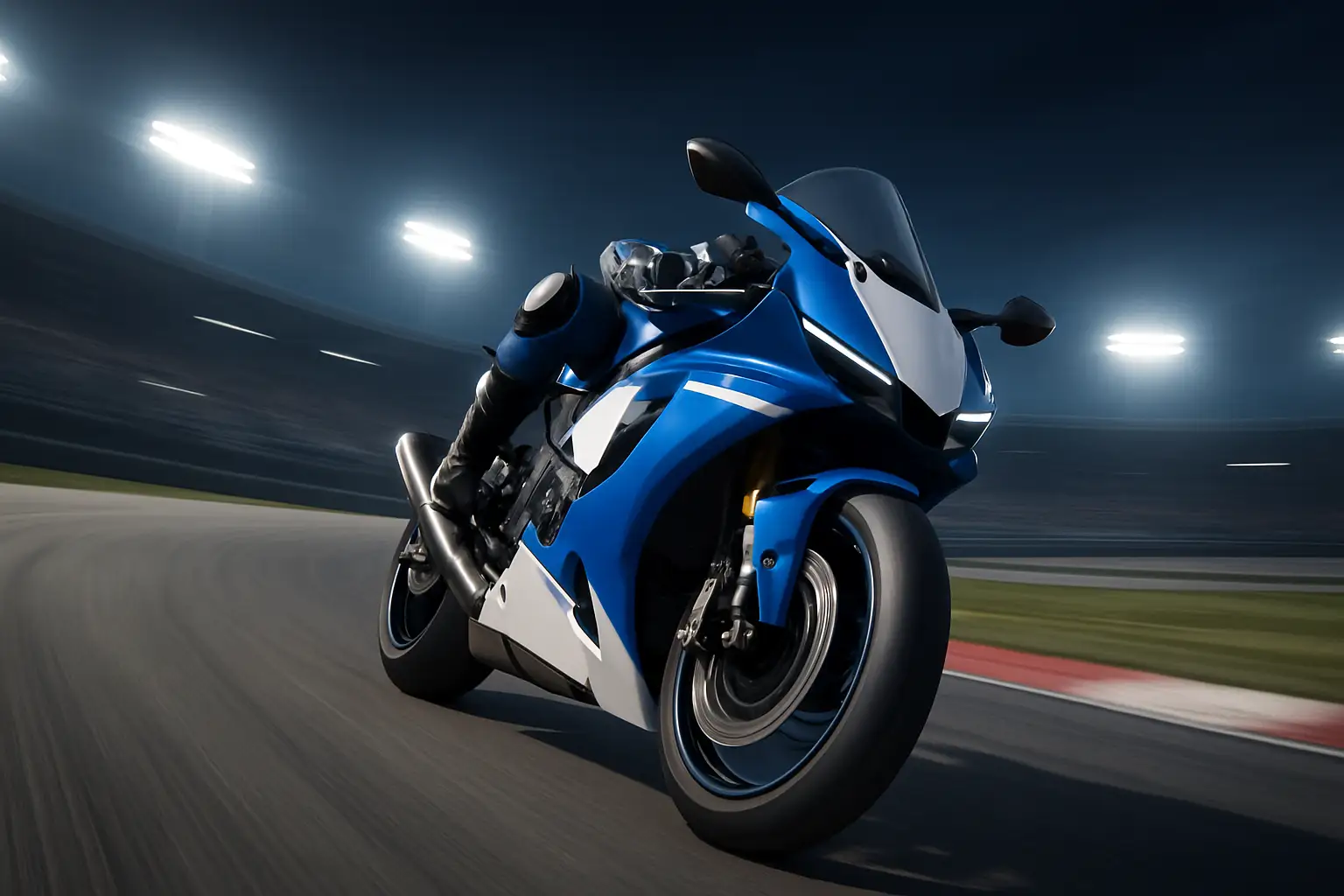 A Yamaha MotoGP factory bike on track under bright circuit lights
