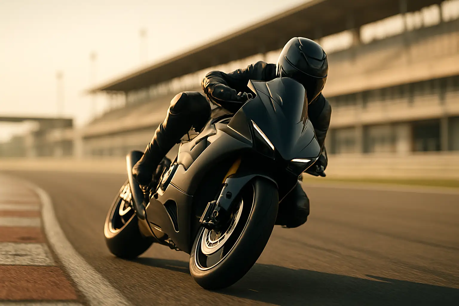 A MotoGP factory motorcycle on track with a blurred paddock backdrop