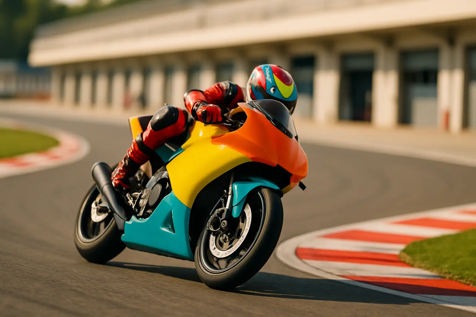 A small grand prix racing motorcycle on a racetrack with a blurred crowd in the background