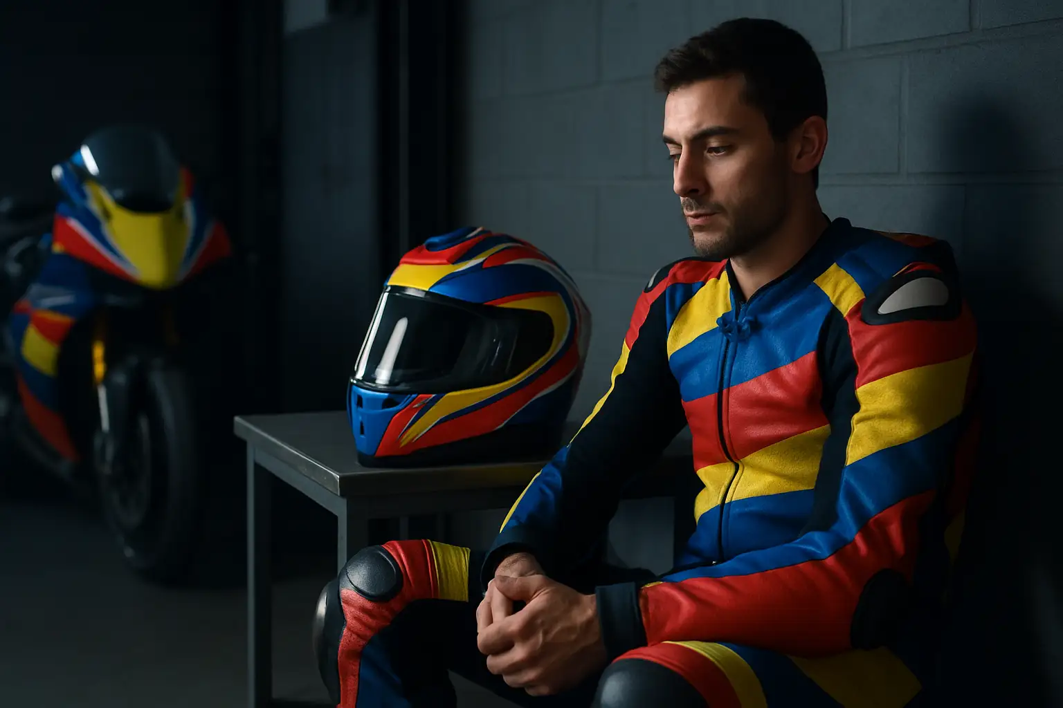 A MotoGP rider in full racing leathers sitting in a garage, helmet on the table, looking focused and reflective