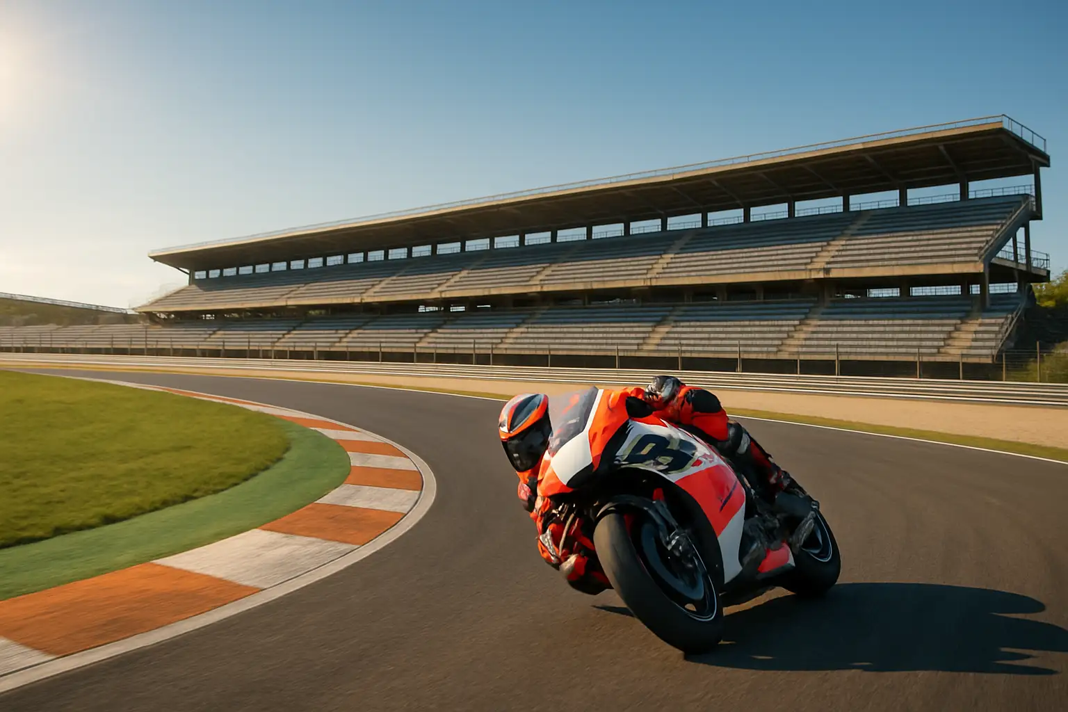 MotoGP rider on a racing motorcycle leaning through a fast corner at a Spanish circuit