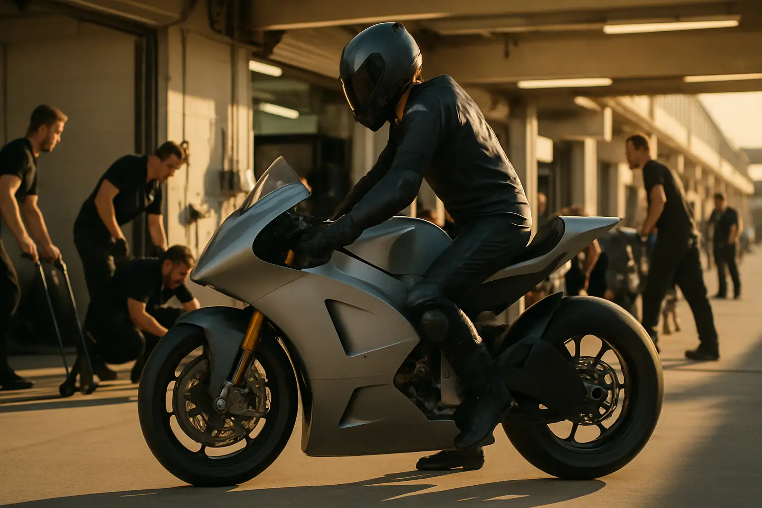 MotoGP rider preparing to race at a circuit paddock